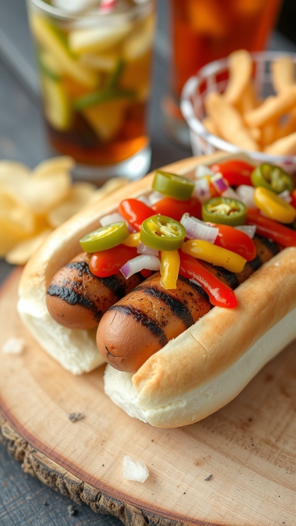 Grilled hot dogs in buns with toppings like onions and jalapeños on a wooden board.